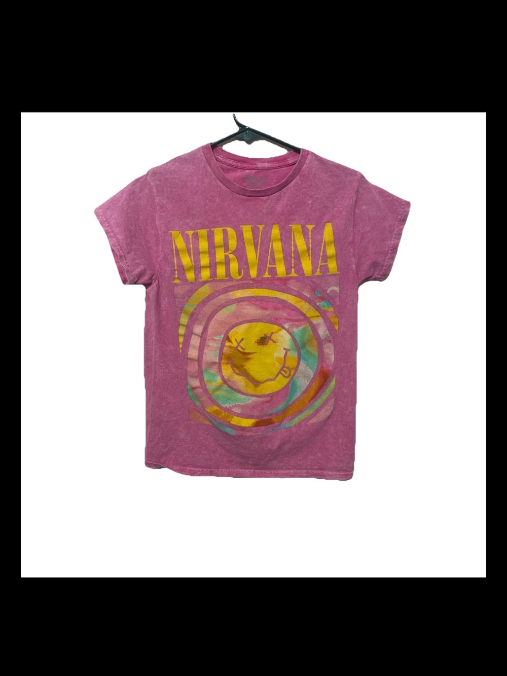 Nirvana Pink Acid Wash Graphic Tee Smiley Face Logo Band Shirt Womens Small